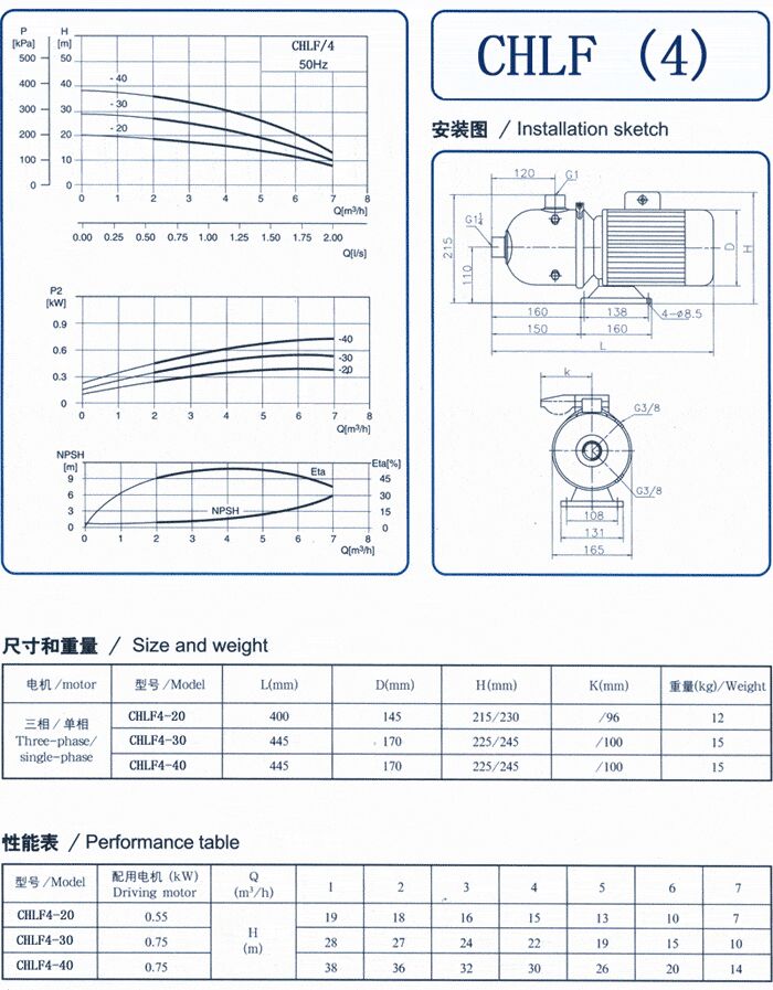 CHLF輕型立式不銹鋼多級(jí)離心泵安裝圖、尺寸、性能